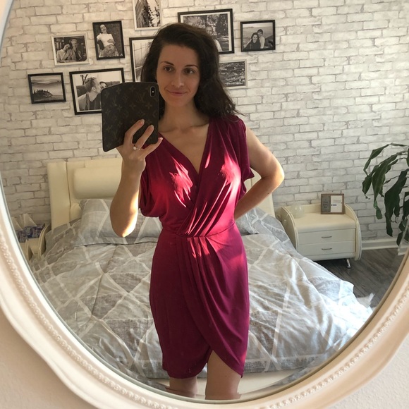 Draped Wrap Surplice V-Neck Magenta Dress Midi - Picture 6 of 8